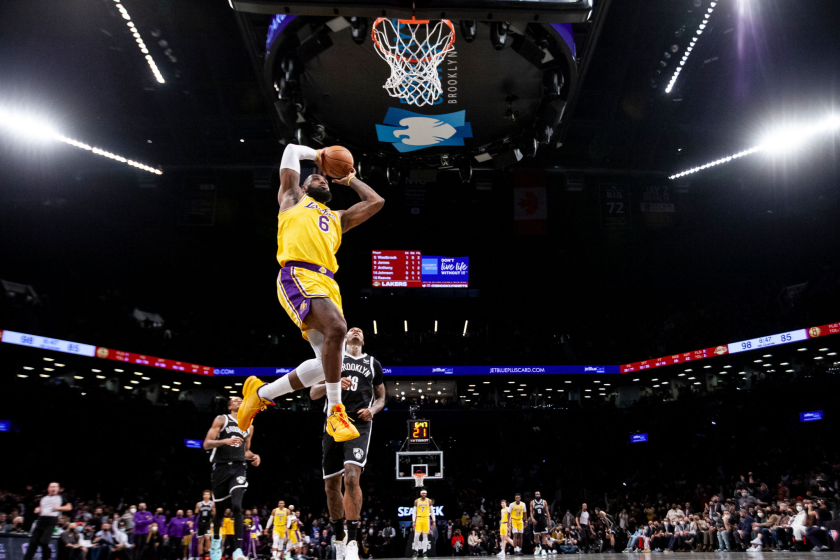 NEW YORK, NEW YORK - JANUARY 25: LeBron James #6 of the Los Angeles Lakers dunks.