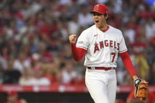 ANAHEIM, CA - APRIL 21: Los Angeles Angels Pitcher Shohei Ohtani (17) celebrates a double play.