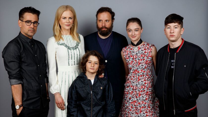 Actor Colin Farrell, left, actress Nicole Kidman, actor Sunny Suljic, director Yorgos Lanthimos, actress Raffey Cassidy, and actor Barry Keoghan, from the film "The Killing of a Sacred Deer" at the 42nd Toronto International Film Festival.