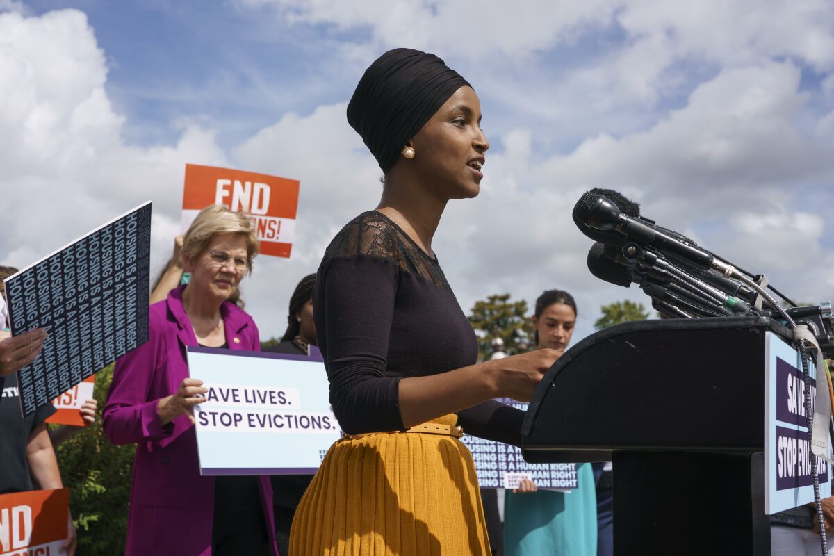 Rep. Ilhan Omar, D-Minn., speaks about the Keeping Renters Safe Act of 2021, at the Capitol in Washington