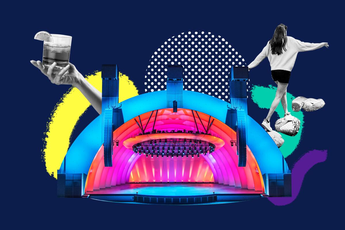 A collage illustration of the Hollywood Bowl, a cocktail and a woman hopping from one stone to the next.