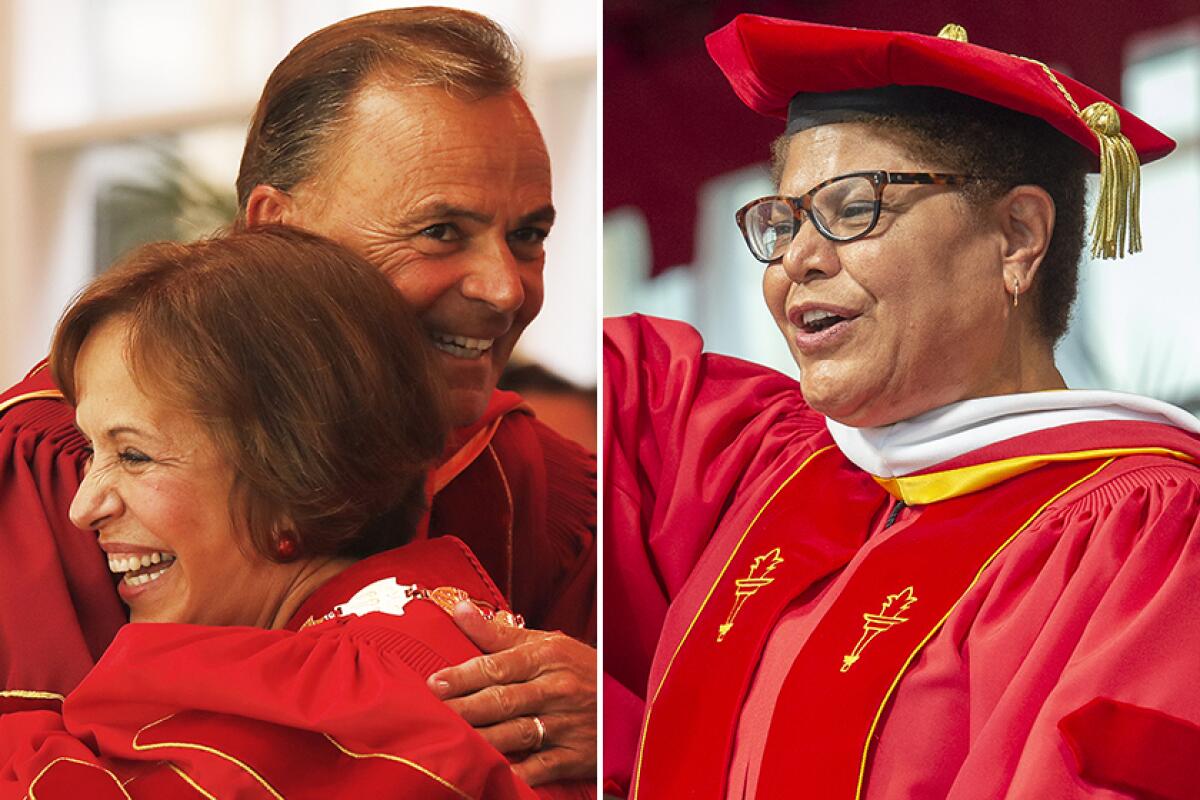 Left: Rick Caruso and Carol L. Folt; right: Rep. Karen Bass