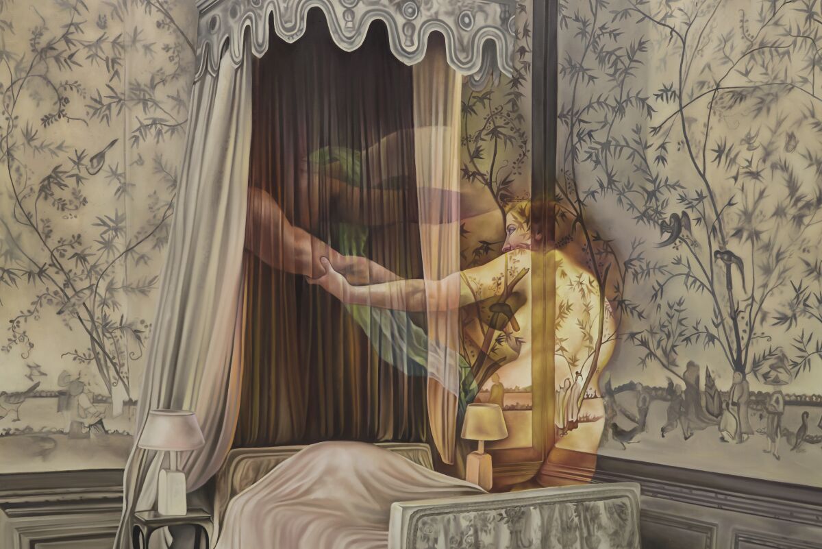 Ghostly nude figures frolic over a bed in a 19th century-style bedroom with floral wallpaper.