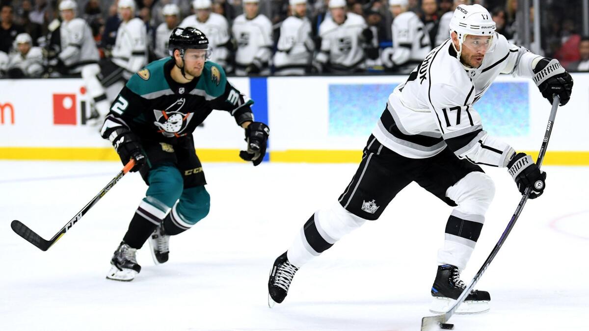 Ilya Kovalchuk (17) of the Kings shoots and scores a goal in front of Jacob Larsson (32) of the Ducks at Staples Center on Nov.6.