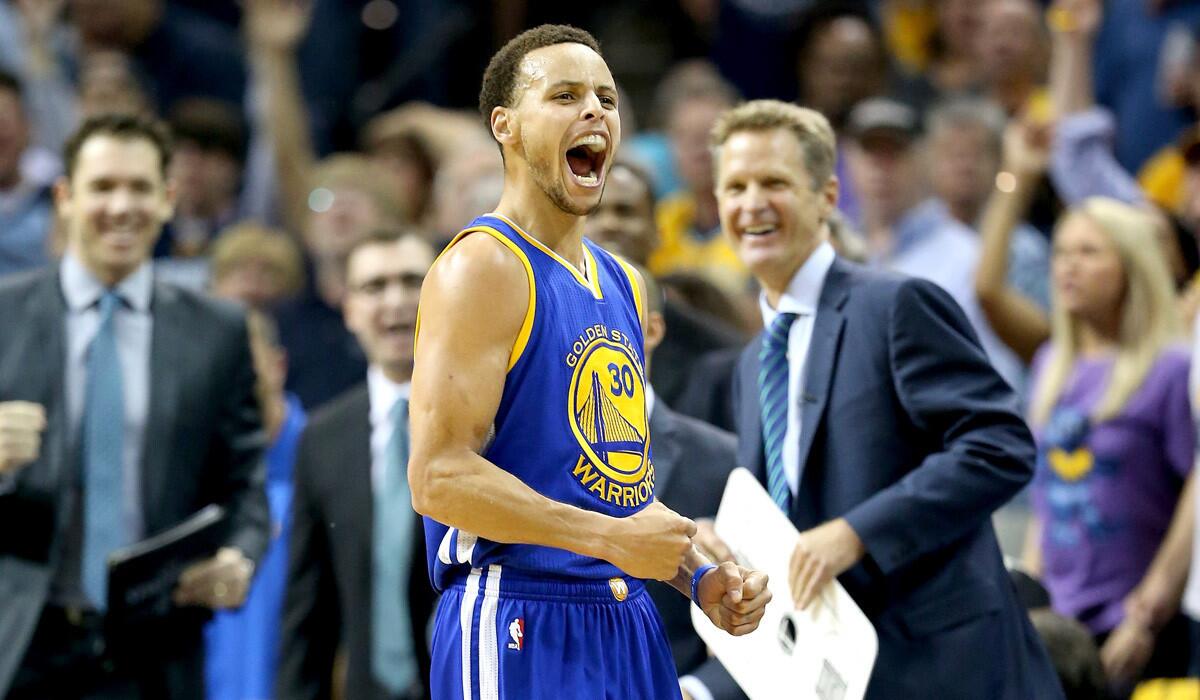 Golden State's Stephen Curry celebrates after making a basket during the Warriors' 108-95 win over the Memphis Grizzlies during Game 6 of the Western Conference semifinals on Friday. Golden State wins the series, 4-2.