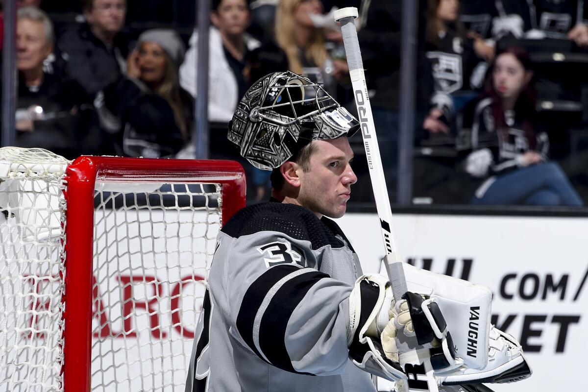 Kings goaltender Jonathan Quick waits for play to resume during a game against the Vegas Golden Knights on April 6.