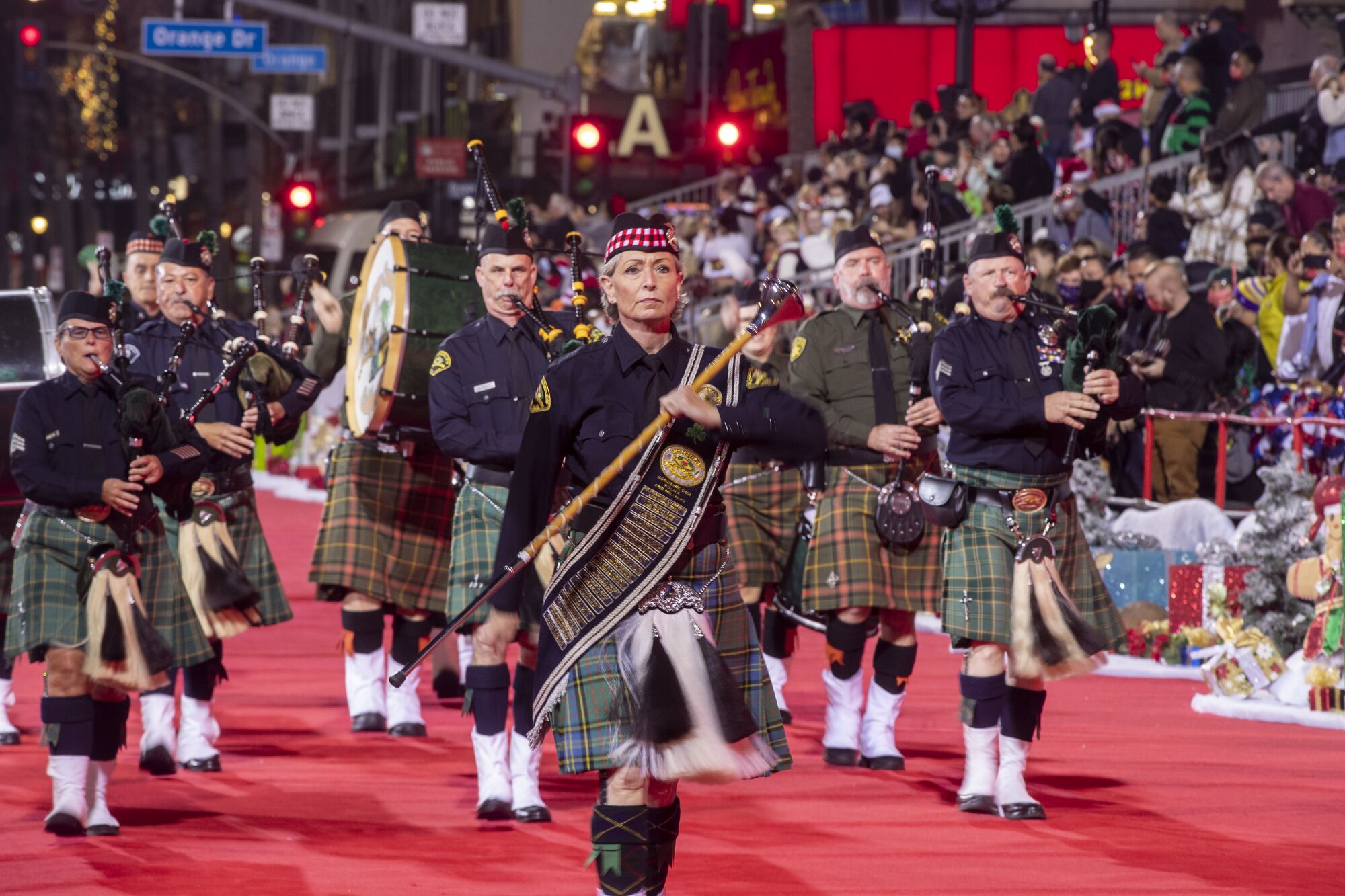 Los Angeles Police Emerald Society Pipes and Drums march on the red carpet