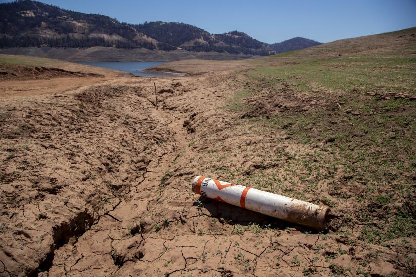 Dried mud and a stranded buoy on the lakebed at Lake Oroville.