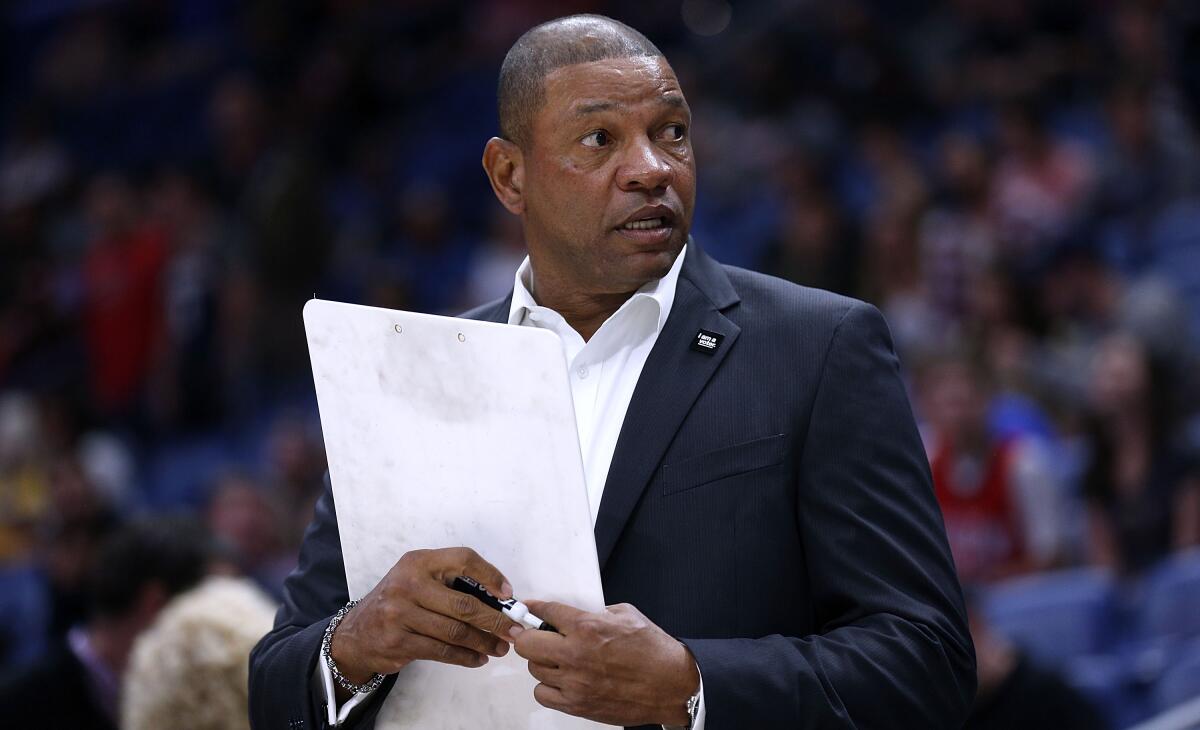 Clippers coach Doc Rivers looks on during a game against the Pelicans in 2018.