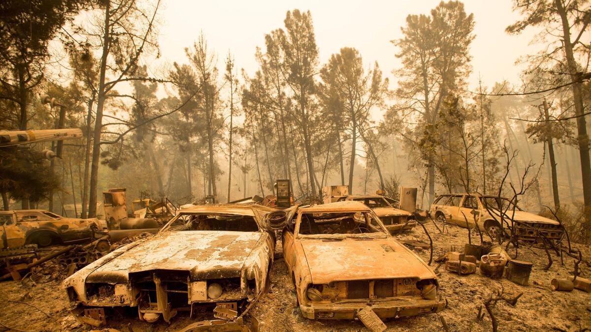 The shells of vintage cars line a property after the Loma fire burned near Morgan Hill, Calif., in September 2016.