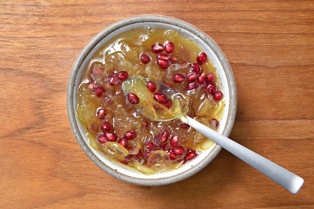 Marmalade made with Buddha's hand and pomegranate seeds.