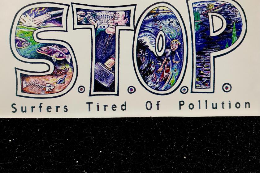 The logo for the environmental group Stop: Surfers Tired of Pollution founded in 1995 after Skip Frye and other local surfers became sick from the polluted waters in San Diego