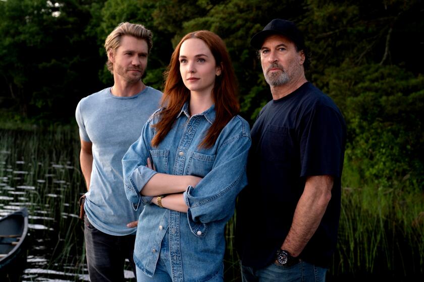 Sullivan's Crossing -- Image Number: SCRS1_MT_DSC04645r -- Pictured (L-R): Chad Michael Murray as Cal Jones, Morgan Kohan as Maggie Sullivan and Scott Patterson as Harry Sullivan - Photo: Michael Tompkins/Fremantle -- ? 2023 Fremantle. All Rights Reserved.