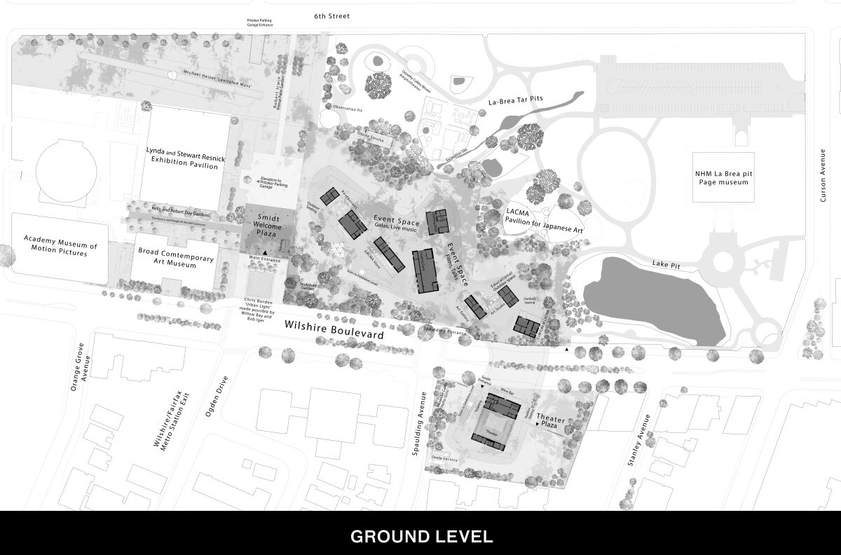 A black and white rendering shows the ground floor layout at LACMA, including museum functions and landscape