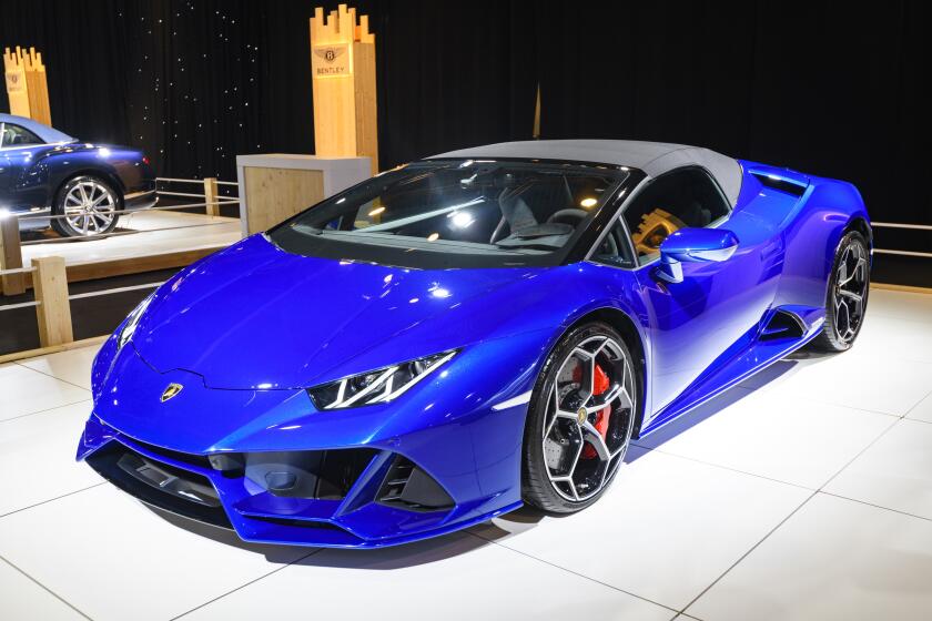 BRUSSELS, BELGIUM - JANUARY 8: Lamborghini Huracan EVO Spyder convertible sports car on display at Brussels Expo on January 8, 2020 in Brussels, Belgium. The Lamborghini Huracan EVO is fitted with a 5.2 V10 and is available as coupe and convertible. (Photo by Sjoerd van der Wal/Getty Images)