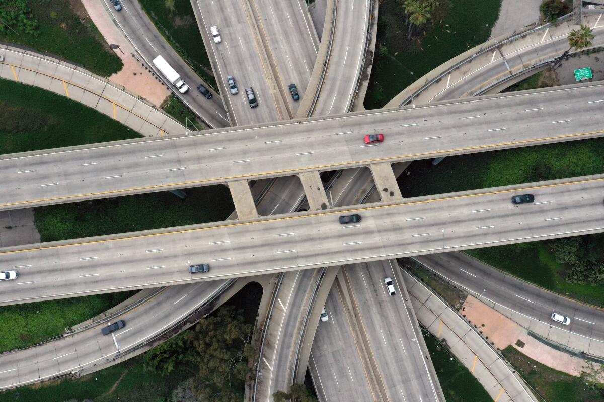 An overhead view of a freeway interchange.