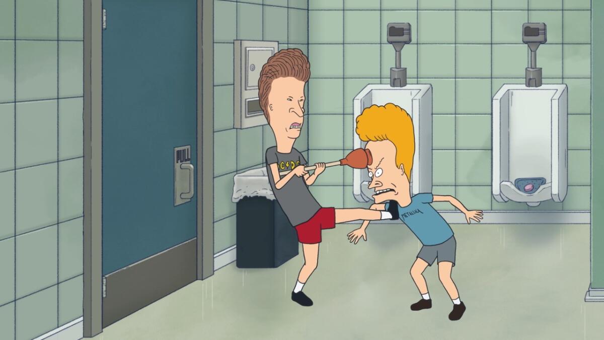Cartoon teenage boys roughhousing in a bathroom