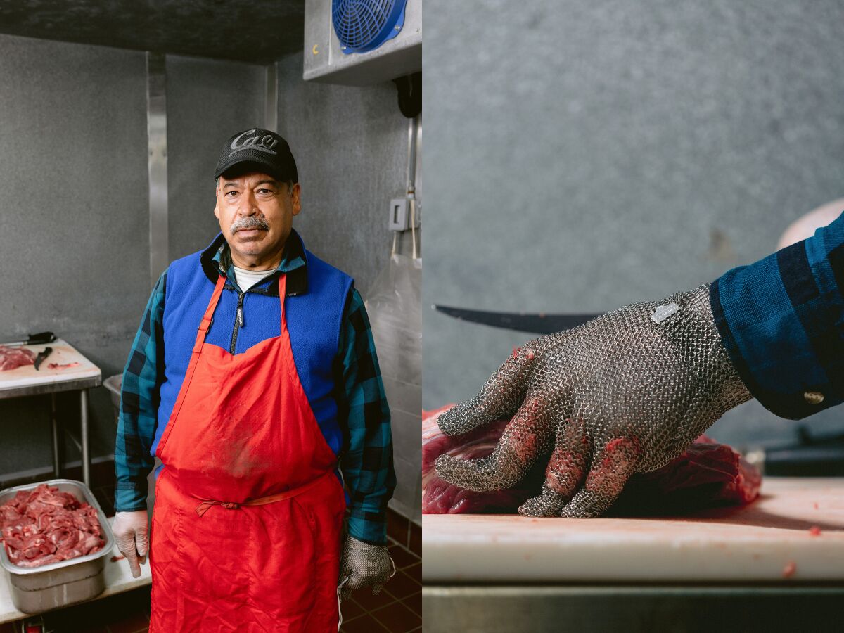 Victorino Rodarte, left, poses in a cooler  and  cuts meat with a steely-gloved hand 