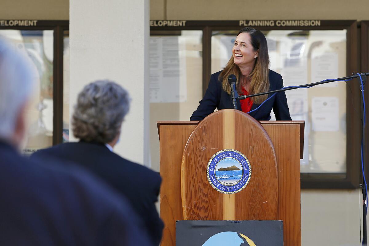 Mayor Pro Tem Kim Carr speaks during Huntington Beach Chamber of Commerce's annual State of the City presentation.