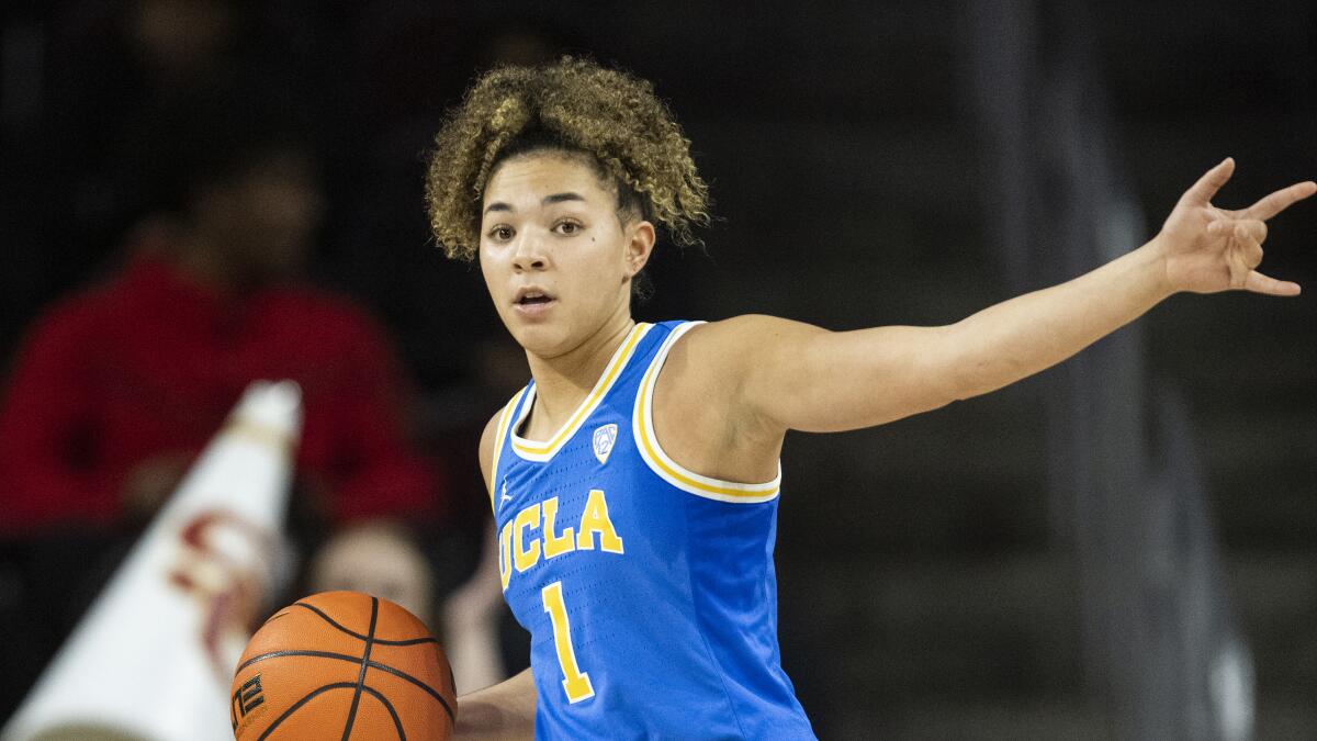 UCLA guard Kiki Rice controls the ball during a win over USC on Dec. 15.
