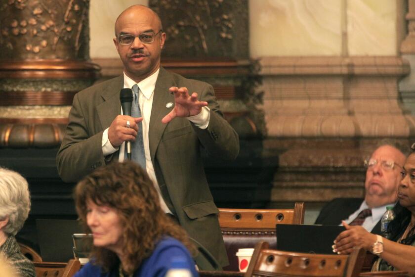Kansas state Sen. David Haley, D-Kansas City, makes a point during a debate in the Senate, early Friday morning, April 7, 2023, at the Statehouse in Topeka, Kan. Haley and the Senate's other Democrats all voted against a bill that would require abortion providers to tell patients that a medication abortion can be reversed once it's started, something experts dispute. (AP Photo/John Hanna)