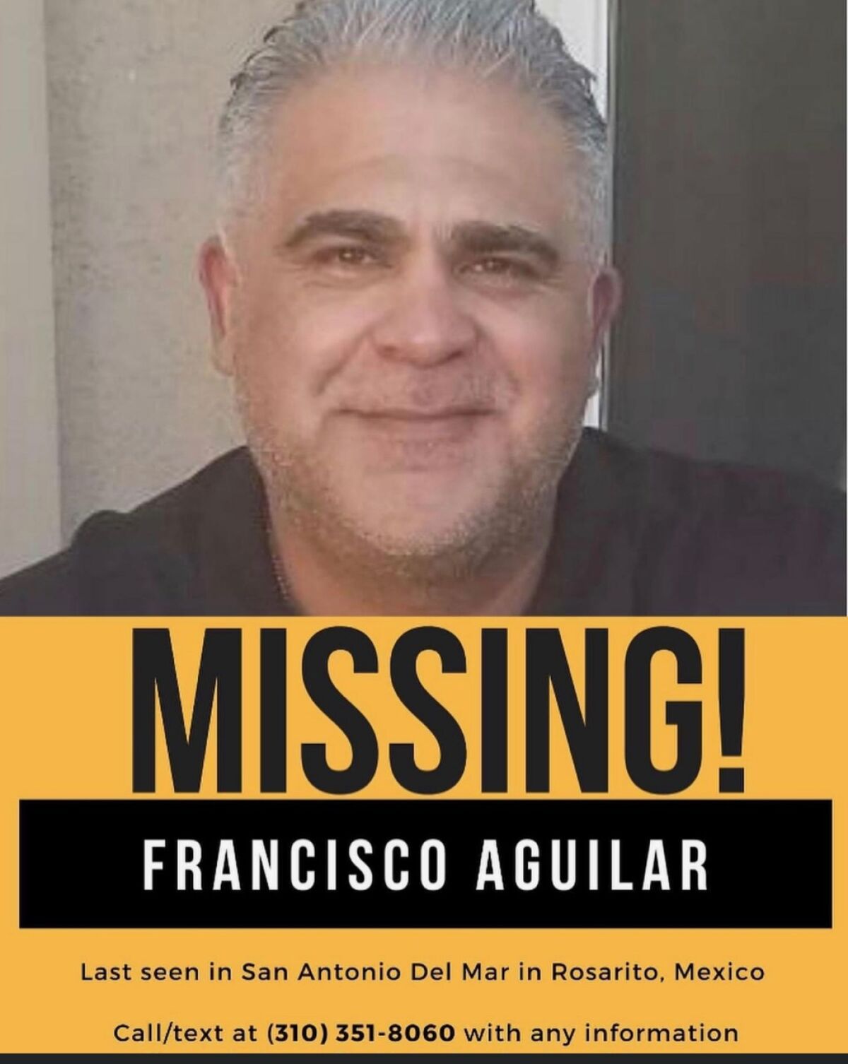 A flier says Francisco Aguilar is missing. 