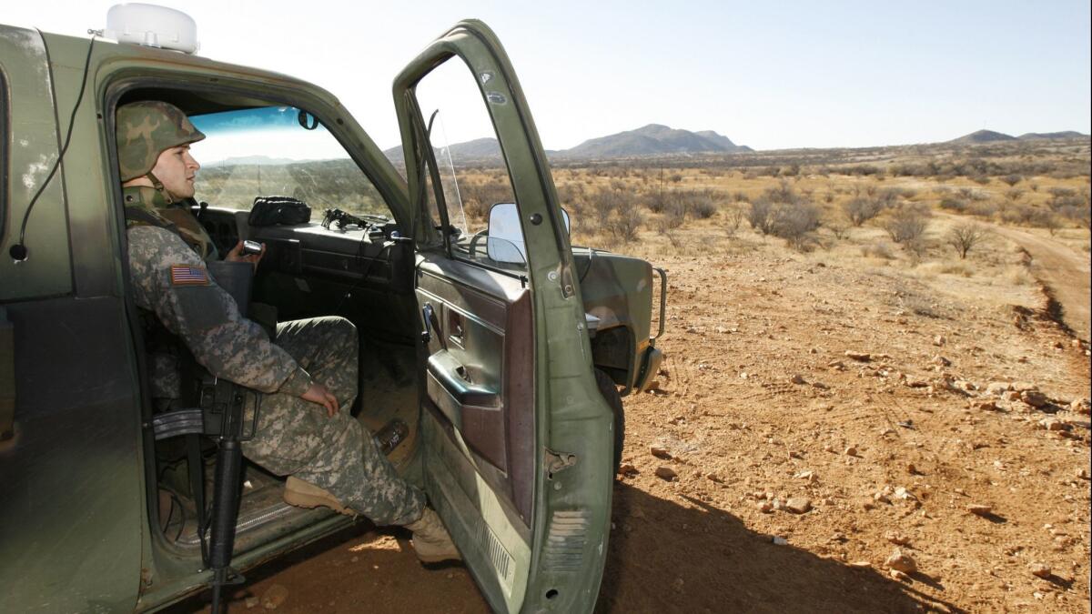 A National Guard unit patrolling at the U.S. border with Mexico in Sasabe, Ariz., in 2007.