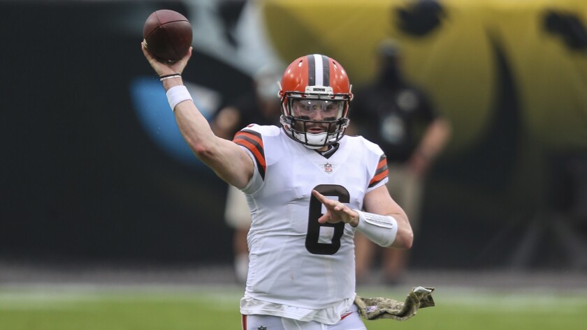 Cleveland Browns quarterback Baker Mayfield throws against the Jacksonville Jaguars.