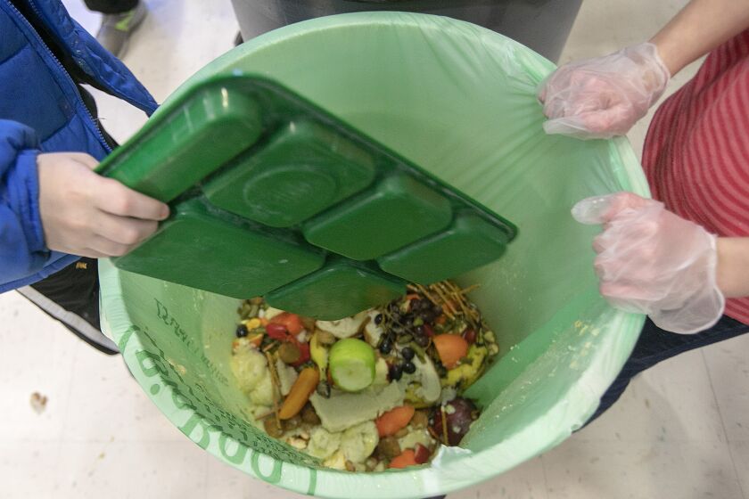 FILE - In this Wednesday, Jan. 15, 2020 file photo, students discard food at the end of their lunch period as part of a lunch waste composting program at an elementary school in Connecticut. A United Nations report released on Thursday, March 4, 2021 estimates 17% of the food produced globally each year is wasted. That amounts to 931 million tons of food, or about double what researchers believed was being wasted a decade ago. And most of the waste — or 61% — happens in households, while food service accounts for 26% and retailers account for 13%. (Dave Zajac/Record-Journal via AP)