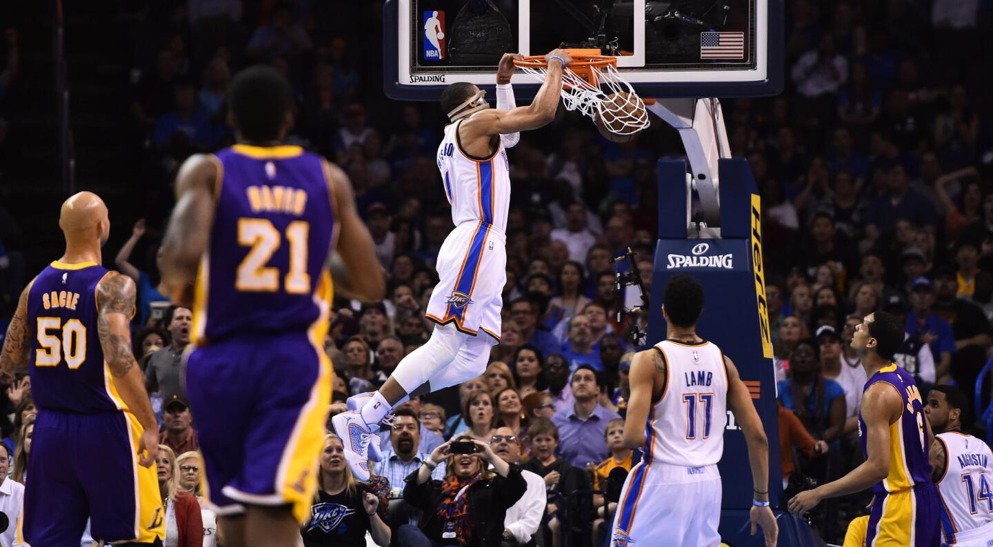 Thunder guard Russell Westbrook dunks the ball against the Lakers during a game Tuesday in Oklahoma City.