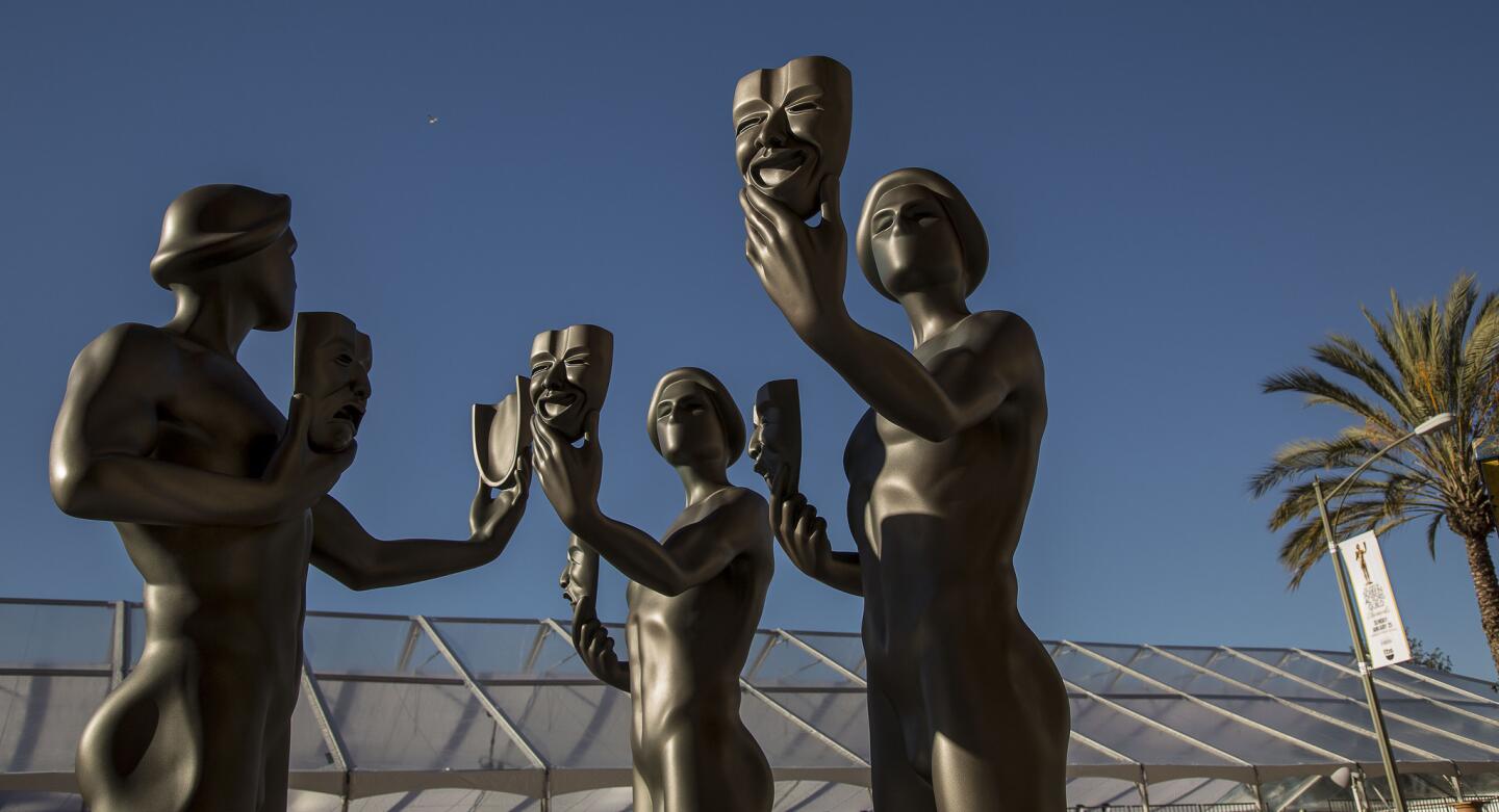 Three SAG statues, which will be placed on the red carpet for the 21st Annual Screen Actors Guild Awards.