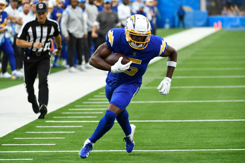 Chargers wide receiver Joshua Palmer claimed a touchdown as a rookie last season.
