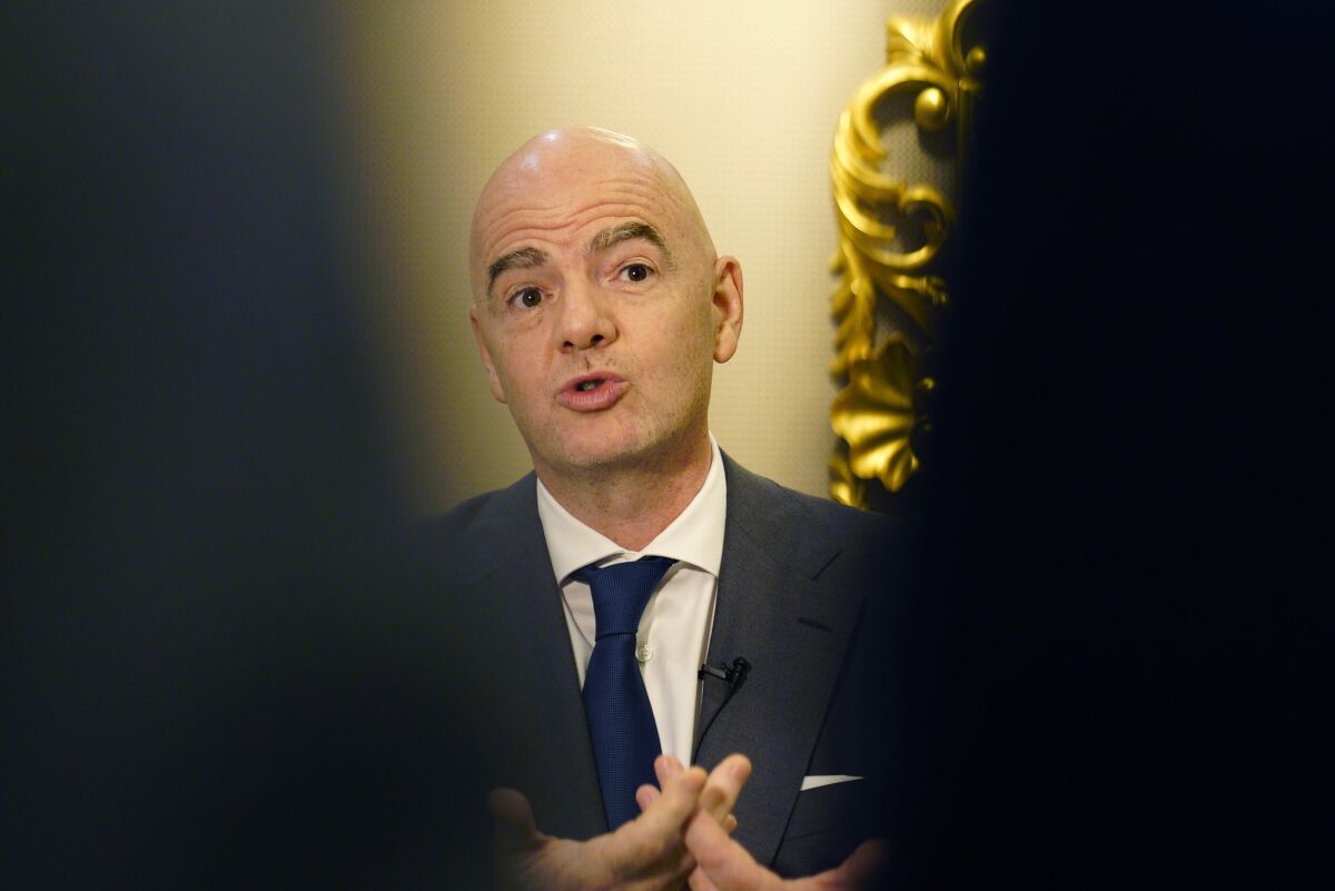 FIFA President Gianni Infantino speaks during an interview conducted with The Associated Press, in Doha, Qatar, Tuesday, March 29, 2022. Infantino acknowledges all is “not paradise” in Qatar ahead of the World Cup but he is touting changes to labor laws in the tiny Gulf nation ahead of the tournament draw (AP Photo/Lujain Jo)