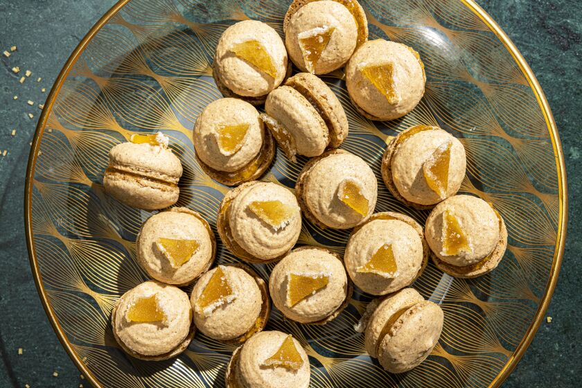 LOS ANGELES, CALIFORNIA, Nov. 22, 2021: Glutten-free Candied Gingerbread Macarons with Lemon Curd from Ben Mims' vegan and a glutten-free holiday cookies selection, photographed on Monday, Nov. 22, 2021, at Proplink Studios in Arts District Los Angeles. (Photo / Silvia Razgova / For the Times, Prop Styling Kate Parisian) ATTN: 876718-la-fo-holiday-cookies