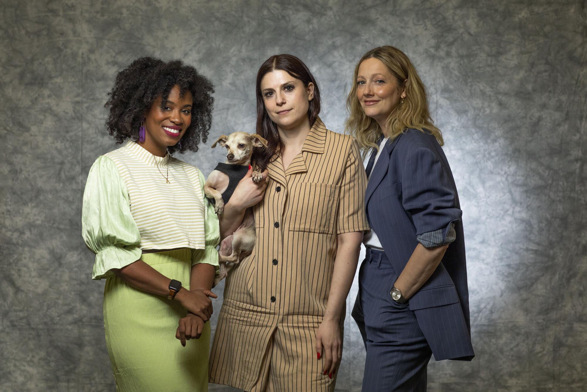 Akilah Hughes, Lane Moore with dog Lights, and Judy Greer at the Los Angeles Times Festival of Books.