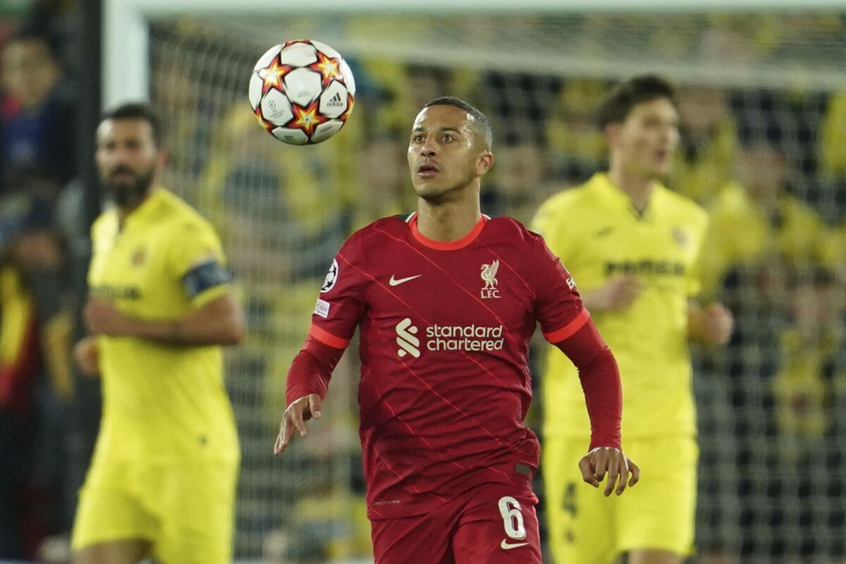 Liverpool's Thiago controls the ball during the Champions League semi final, first leg soccer match between Liverpool and Villarreal at Anfield stadium in Liverpool, England, Wednesday, April 27, 2022. (AP Photo/Jon Super)