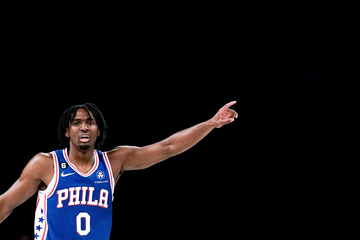 Philadelphia 76ers guard Tyrese Maxey gestures during the first half of a preseason NBA basketball game against the Brooklyn Nets, Monday, Oct. 3, 2022, in New York. (AP Photo/Julia Nikhinson)