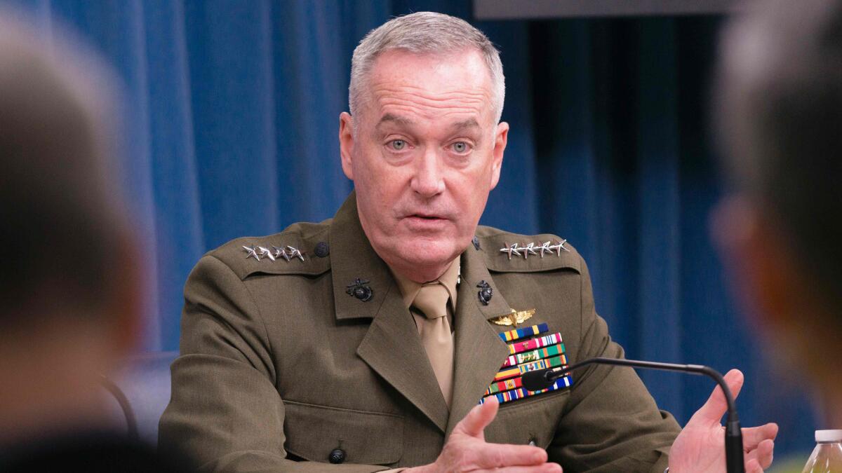 Gen. Joseph F. Dunford Jr., chairman of the Joint Chiefs of Staff, answers questions during a news conference at the Pentagon in March.