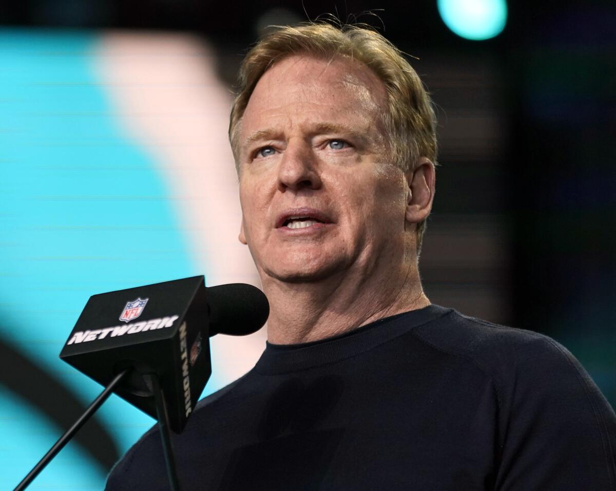 NFL Commissioner Roger Goodell makes an announcement at the 2021 NFL draft.