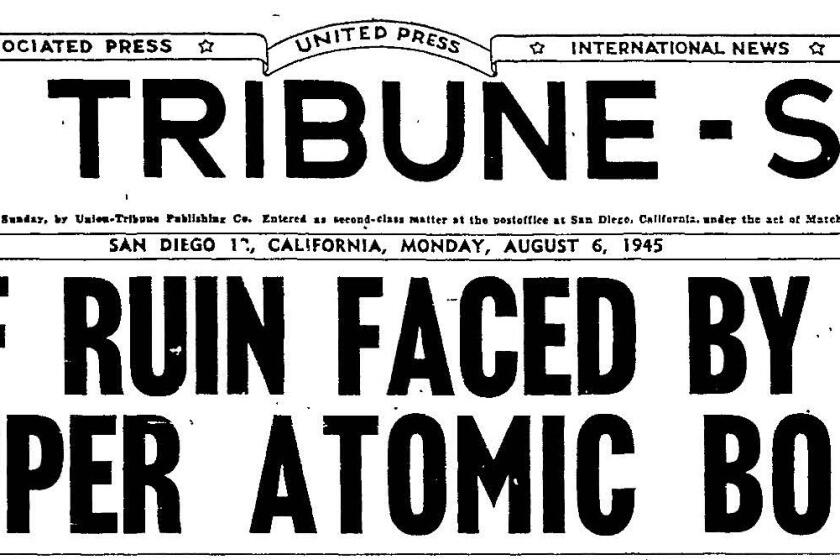 "Rain of Ruin Faced by Japanese as Super Atomic Bomb Loosed," front page of the Tribune-Sun, Monday, Aug. 6, 1945.