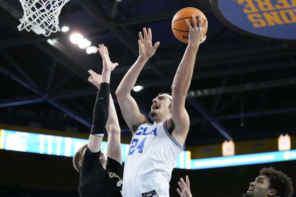 UCLA's Jaime Jaquez Jr. (24) shoots during the second half Jan. 14, 2023.