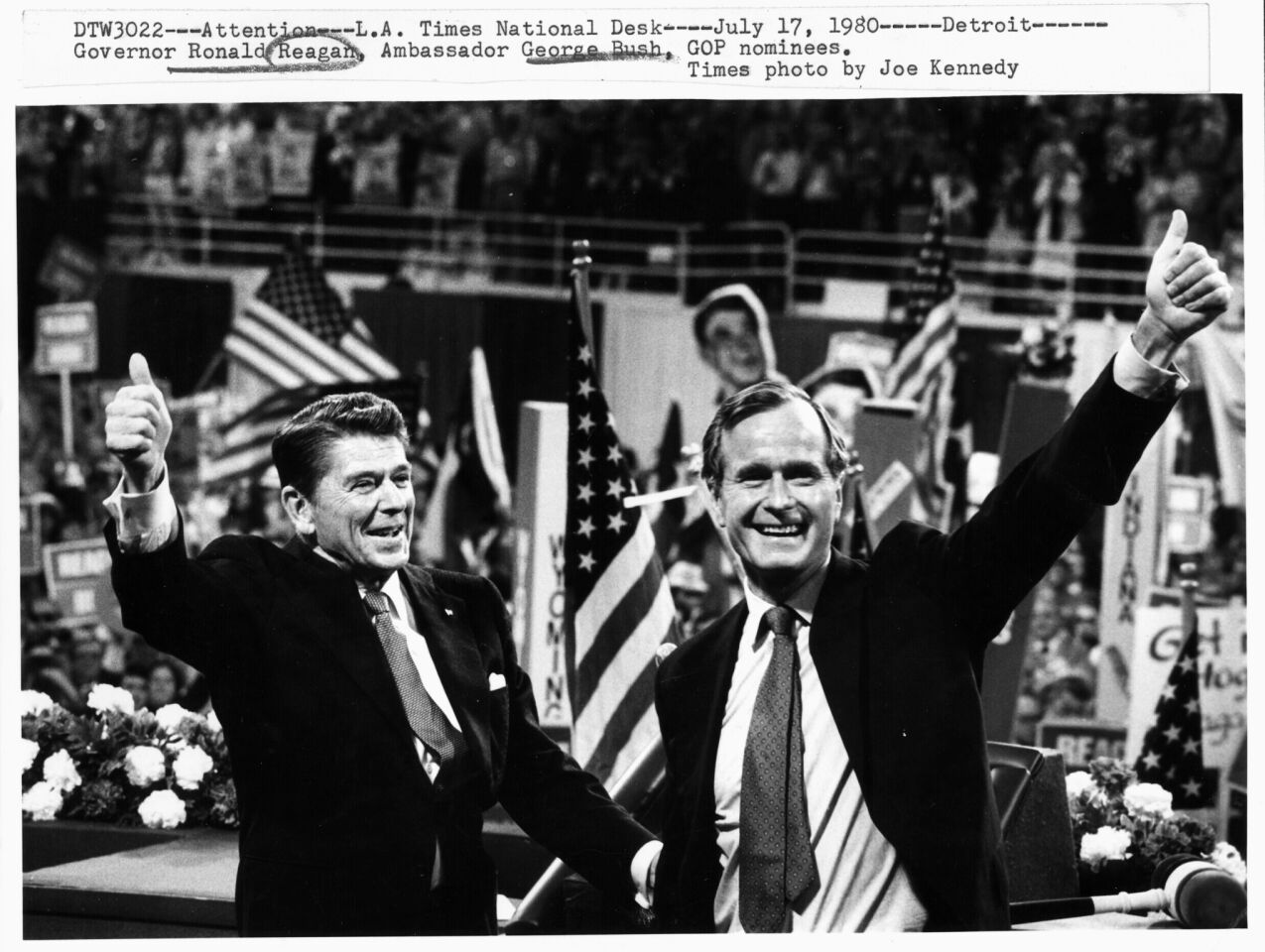 Ronald Reagan and George H.W. Bush celebrate after receiving the nominations for president and vice president at the Republican National Convention in Detroit in 1980.
