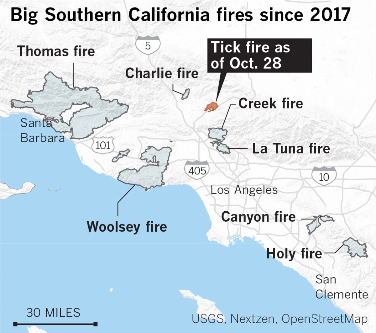 Big Southern California fires since 2017