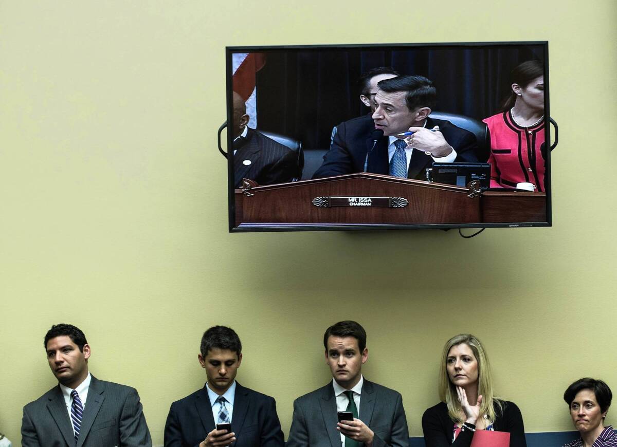 Rep. Darrell Issa (R-Vista) is seen on screen during a hearing of the House Committee on Oversight and Government Reform in Washington. The panel is investigating the events and response related to the attack on the U.S. diplomatic mission in Benghazi, Libya.