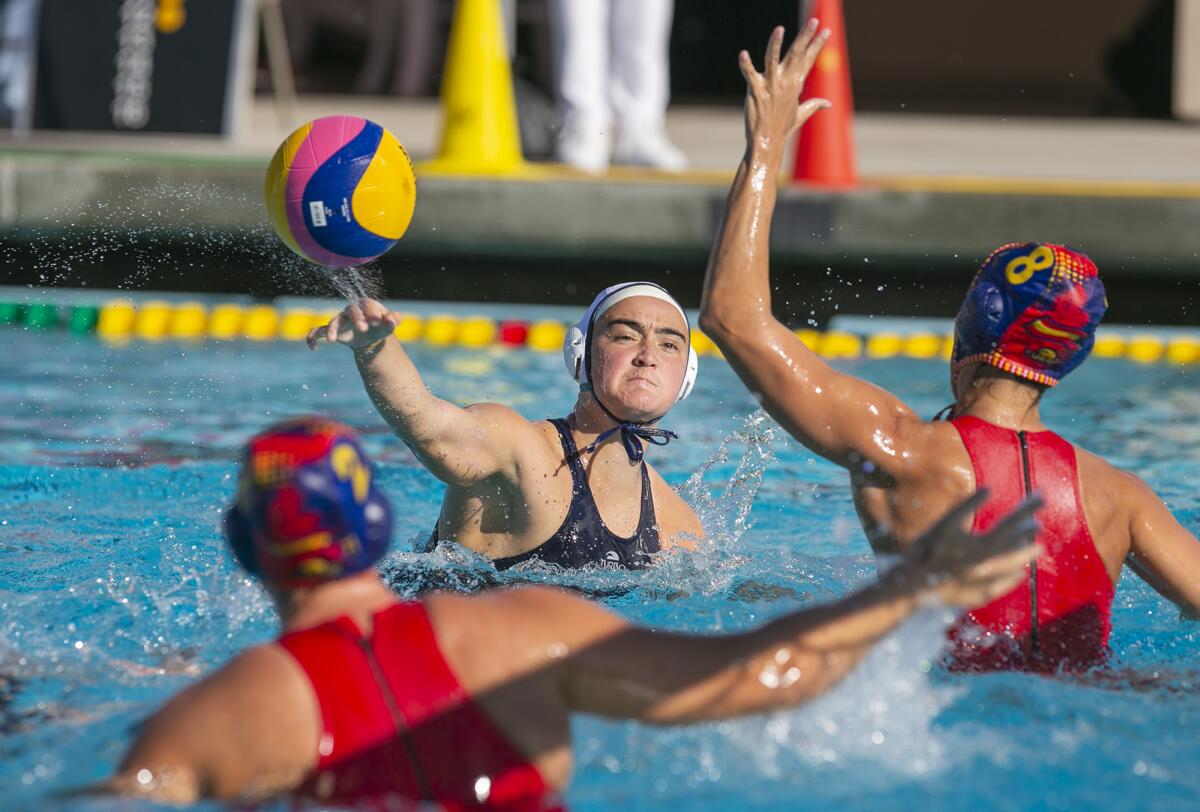 Jenna Flynn shoots and scores on Spain during an exhibition match at Long Beach City College on Wednesday.