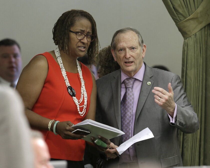 Sen. Holly Mitchell (D-Los Angeles) and Assemblyman Bill Quirk (D-Hayward) discuss her measure that would end the use of grand jury proceedings to investigate police shootings. The law was tossed out by an appellate court on Tuesday.