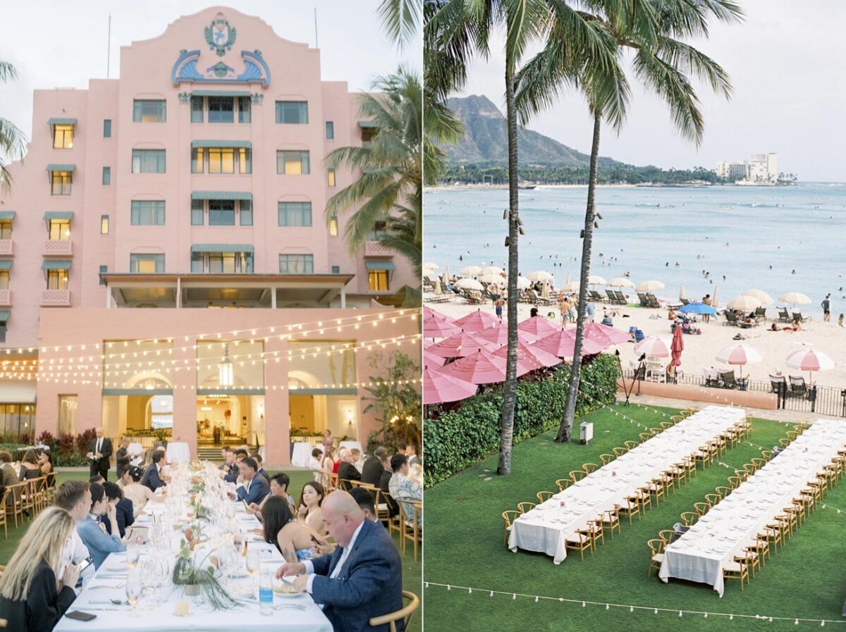 Two exterior shots of wedding celebrations at The Royal Hawaiian.