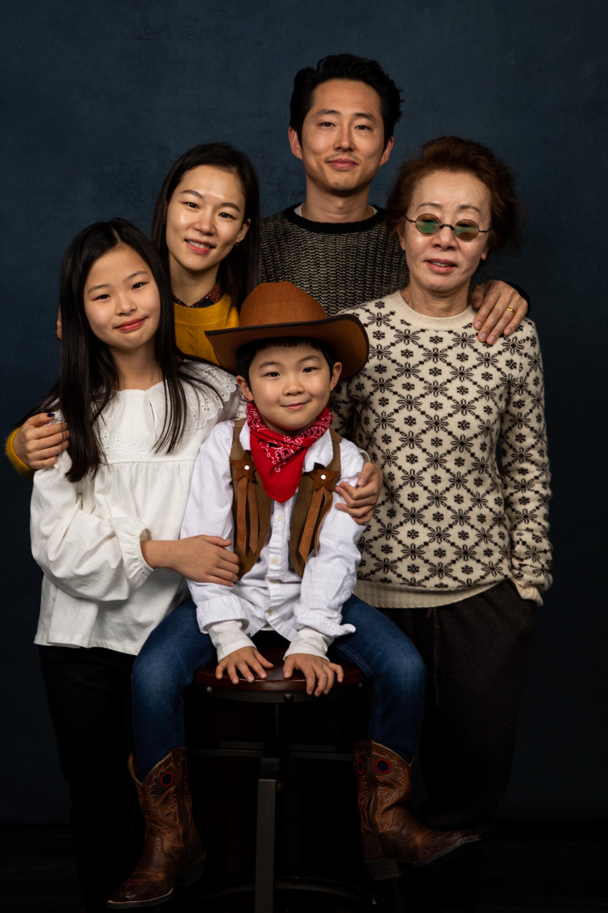 Yeri Han, from left, Noel Cho, Alan Kim, Steven Yeun and Jung Youn Yuh of “Minari,” photographed in the L.A. Times Studio at the Sundance Film Festival.