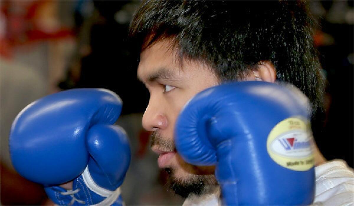 Manny Pacquiao works out at Wild Card Boxing Gym in Hollywood on April 2 ahead of his Saturday bout with World Boxing Organization welterweight champion Timothy Bradley at the MGM Grand in Las Vegas.