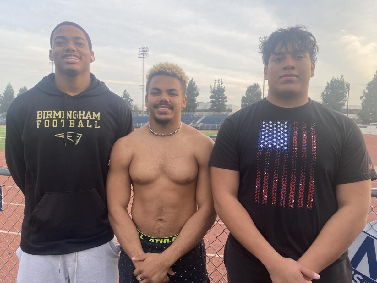 Birmingham's four-year football starters Arlis Boardingham (left), Delamonte Barnes and Carlos Rivera.